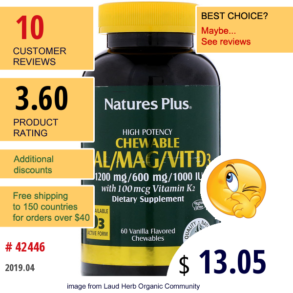 Natures Plus, Cal/mag/vit D3, Vanilla Flavored, 60 Chewables