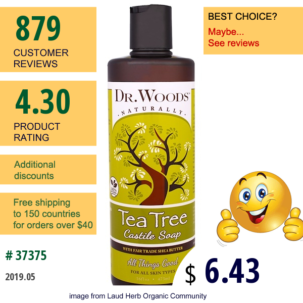 Dr. Woods, Tea Tree Castile Soap With Fair Trade Shea Butter, 16 Fl Oz (473 Ml)