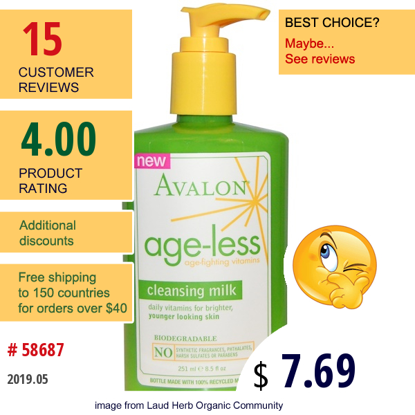 Avalon Organics, Cleansing Milk, Age-Less Age-Fighting Vitamins, 8.5 Fl Oz (251 Ml)  