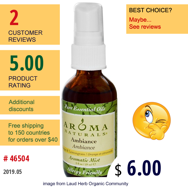 Aroma Naturals, Aromatic Mist, Ambiance, Orange & Lemongrass, 2 Fl Oz (59 Ml)  