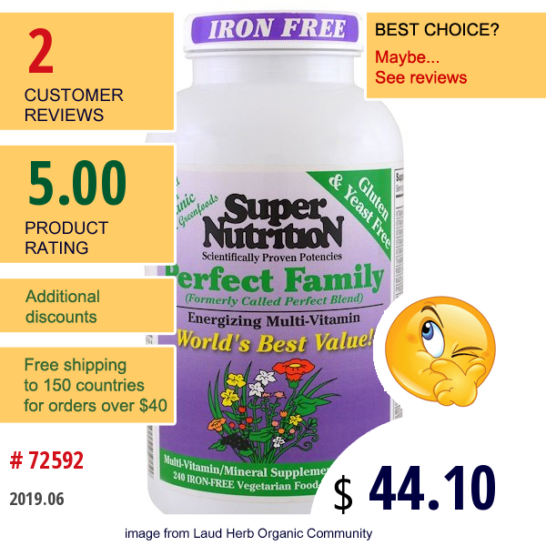 Super Nutrition, Perfect Family, Energizing Multi-Vitamin, Iron Free, 240 Vegetarian Food-Based Tablets  