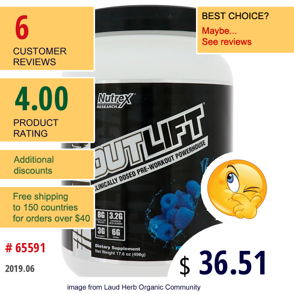 Nutrex Research, Outlift, Clinically Dosed Pre-Workout Powerhouse, Blue Raspberry, 17.6 Oz (498 G)  