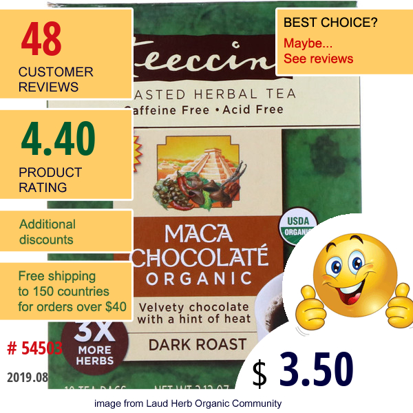 Teeccino, Organic Roasted Herbal Tea, Maca Chocolate, Dark Roast, Caffeine Free, 10 Tea Bags, 2.12 Oz (60 G)