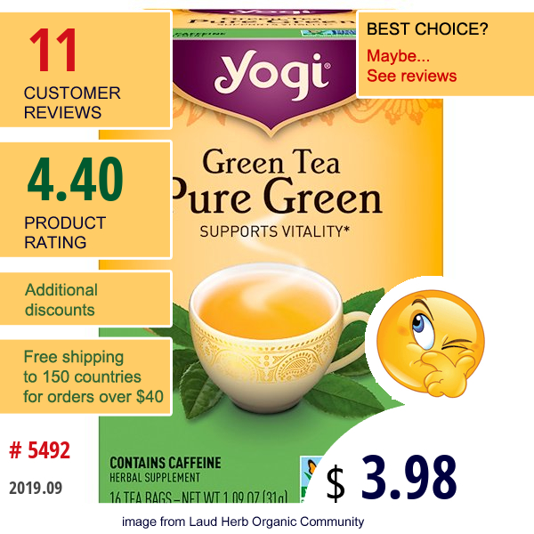 Yogi Tea, Pure Green, Green Tea, 16 Tea Bags, 1.09 Oz (31 G)