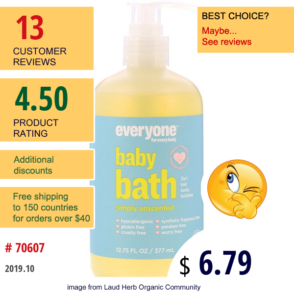 Everyone, Baby Bath, Simply Unscented, 12.75 Fl Oz (377 Ml)