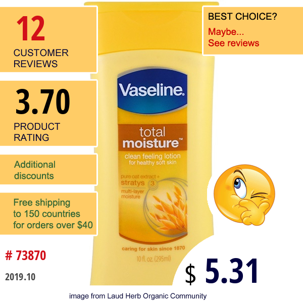 Vaseline, Total Moisture, Clean Feeling Lotion, 10 Fl Oz (295 Ml)