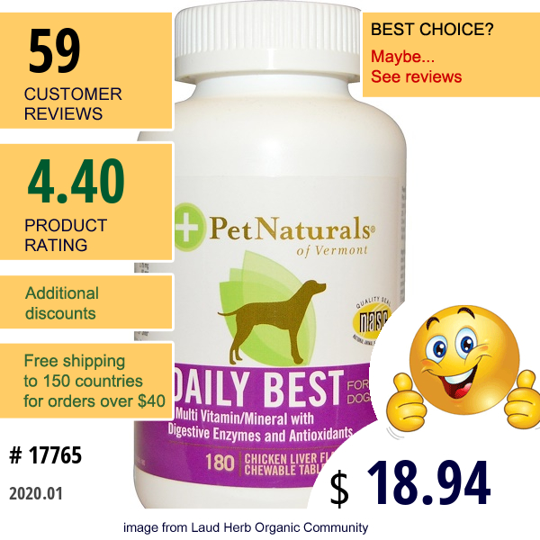 Pet Naturals Of Vermont, Daily Best For Dogs, Chicken Liver Flavored, 180 Chewable Tablets  