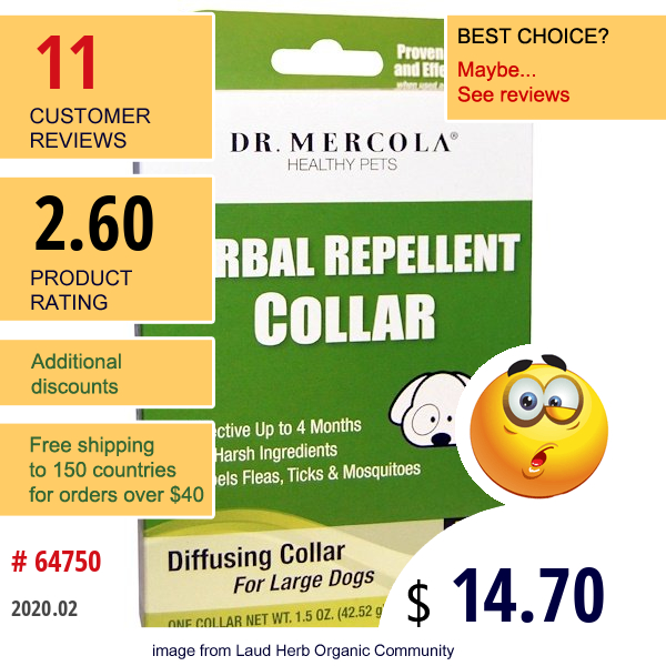 Dr. Mercola, Herbal Repellent Collar For Large Dogs, One Collar, 1.5 Oz (42.52 G)