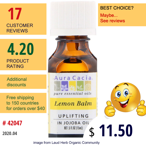Aura Cacia, Pure Essential Oils, Lemon Balm, Uplifting, .5 Fl Oz (15 Ml) Aura Cacia, Pure Essential Oils, Lemon Balm, Uplifting, .5 Fl Oz (15 Ml)