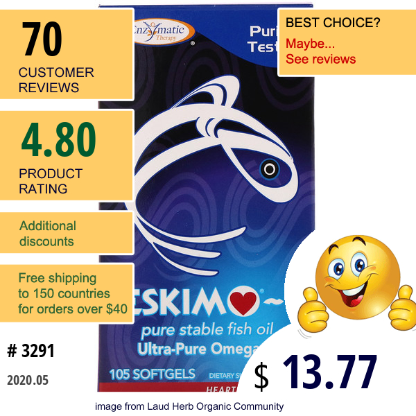 Enzymatic Therapy, Eskimo-3, Ultra-Pure Omega-3, 105 Softgels Enzymatic Therapy, Eskimo-3, Ultra-Pure Omega-3, 105 Softgels