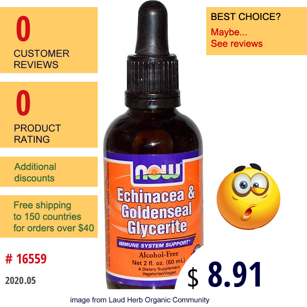 Now Foods, Echinacea & Goldenseal Glycerite, Alcohol-Free, 2 Fl Oz (60 Ml)  