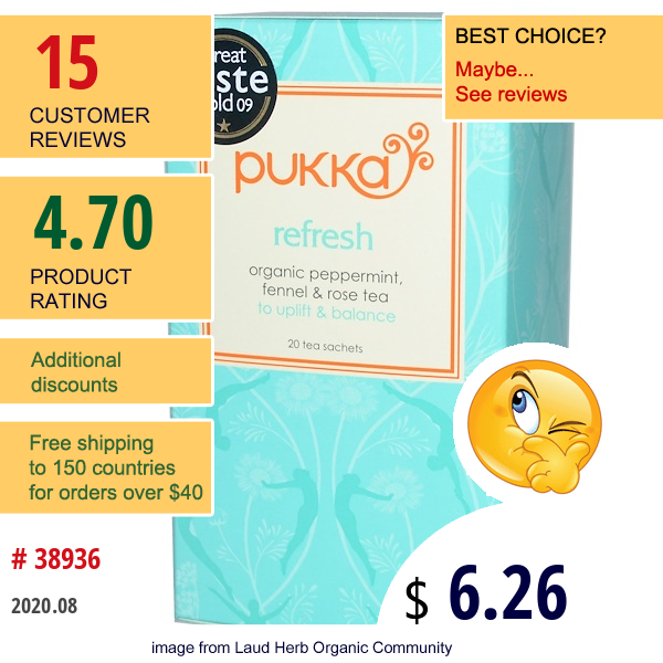 Pukka Herbs, Refresh, Organic Peppermint, Fennel & Rose Tea, Caffeine Free, 20 Tea Sachets, 1.41 Oz (40 G)  