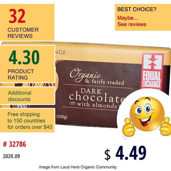 Equal Exchange, Organic Dark Chocolate With Almonds, 3.5 Oz (100 G)  
