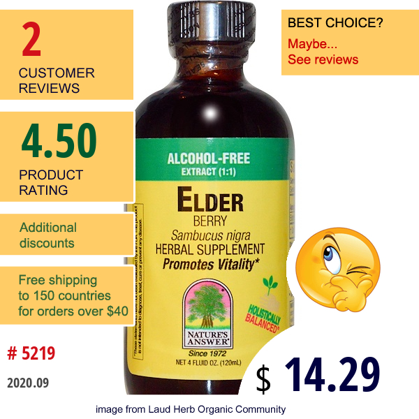 Nature'S Answer, Elder, Berry, Alcohol-Free Extract (1:1), 4 Fl Oz (120 Ml) Nature'S Answer, Elder, Berry, Alcohol-Free Extract (1:1), 4 Fl Oz (120 Ml)