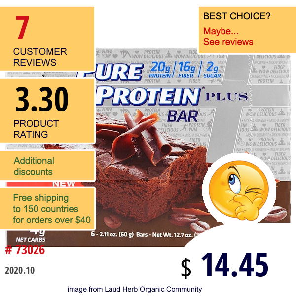 Pure Protein, Plus Bar, Mocha Brownie, 6 Bars, 2.11 Oz (60 G)  