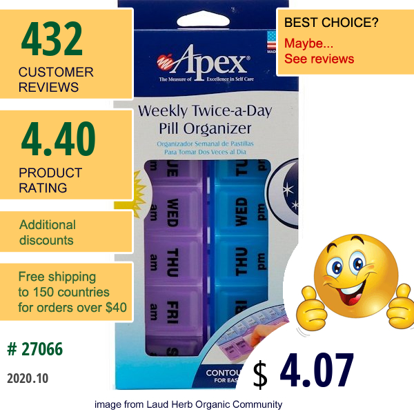 Apex, Weekly Twice-A-Day Pill Organizer, 1 Pill Organizer