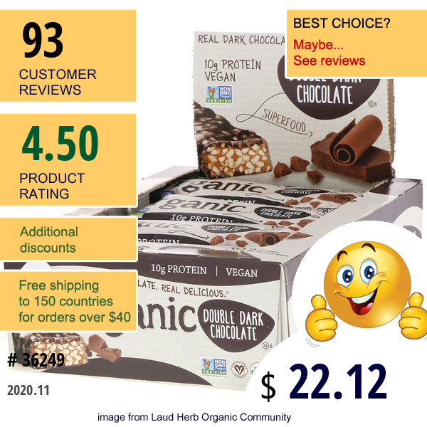 Nugo Nutrition, Organic Protein Bars, Double Dark Chocolate, 12 Bars, 1.76 Oz (50 G) Each