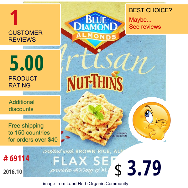 Blue Diamond, Artisan Nut-Thins, Flax Seeds Cracker Snacks, 4.25 Oz (120.5 G)