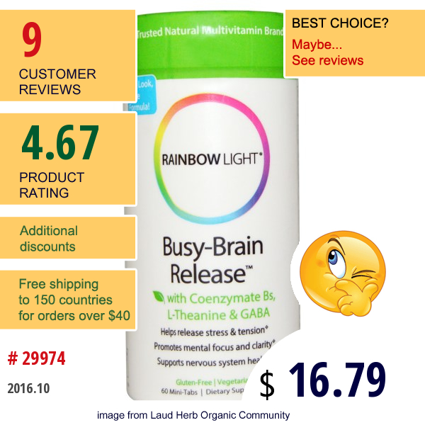 Rainbow Light, Busy-Brain Release With Coenzymate Bs, L-Theanine & Gaba, 60 Mini-Tabs  