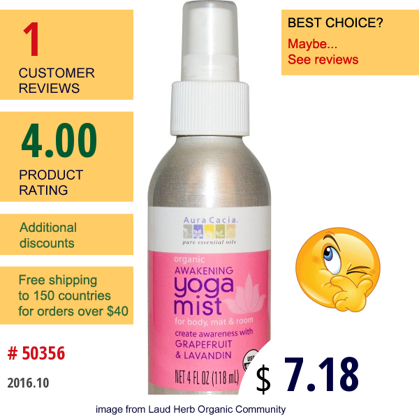 Aura Cacia,  Yoga Mist, Organic Awakening, Grapefruit & Lavandin, 4 Fl Oz (118 Ml)