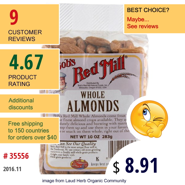 Bobs Red Mill, Whole Almonds, 10 Oz (283 G)