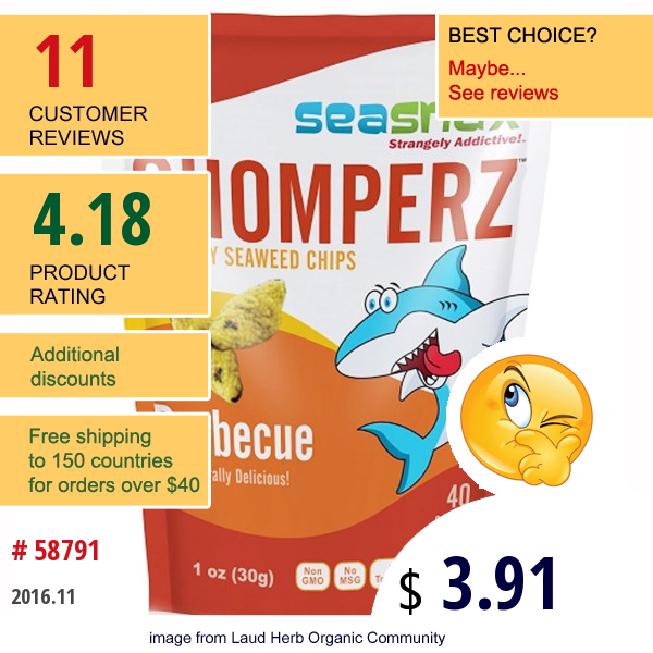Seasnax, Chomperz, Crunchy Seaweed Chips, Barbecue, 1 Oz (30 G)