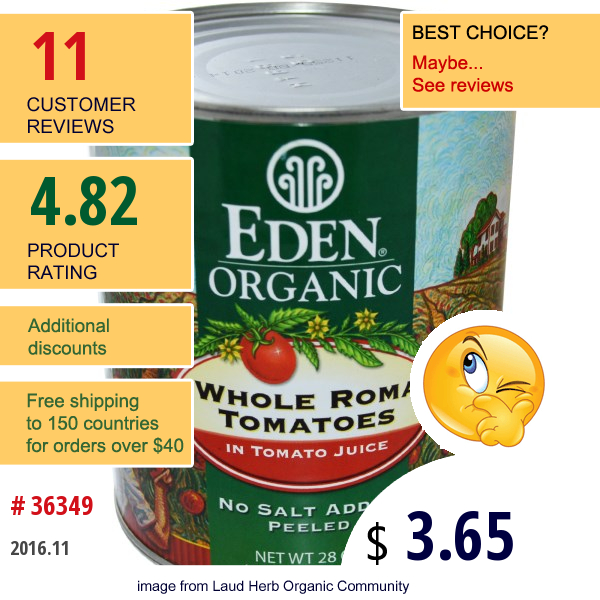 Eden Foods, Organic Whole Roma Tomatoes, 28 Oz (794 G)  