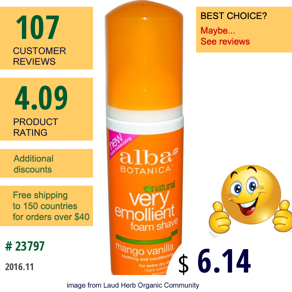 Alba Botanica, Very Emollient Foam Shave, Mango Vanilla, 5 Fl Oz (145 Ml)