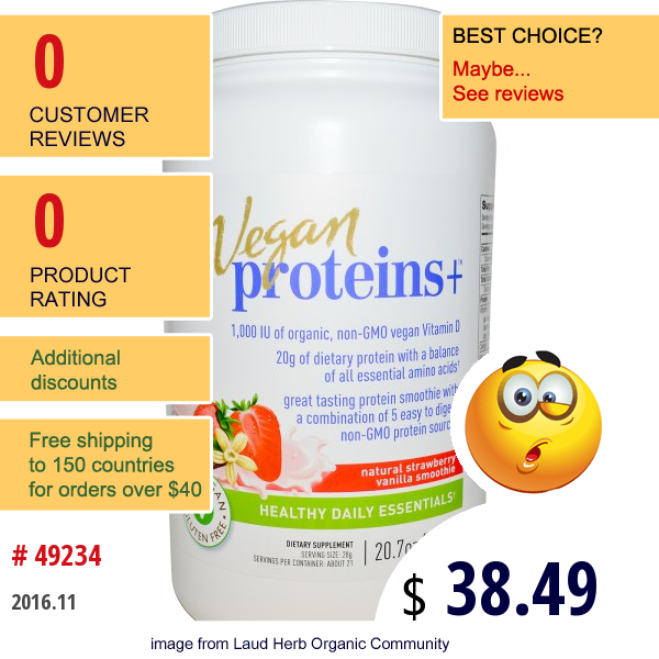 Genuine Health Corporation, Vegan Proteins + Natural Strawberry Vanilla Smoothie, Powder, 20.7 Oz (588 G)  