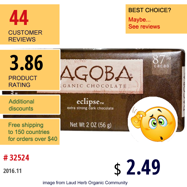 Dagoba Organic Chocolate, Eclipse, Extra Strong Dark Chocolate, 2 Oz (56 G)