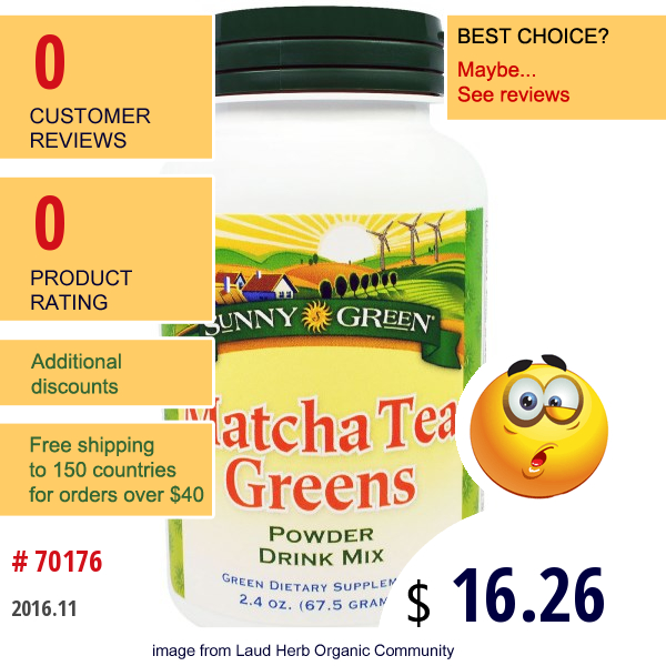 Sunny Green, Matcha Tea Greens Powder Drink Mix, 2.4 Oz (67.5 G)