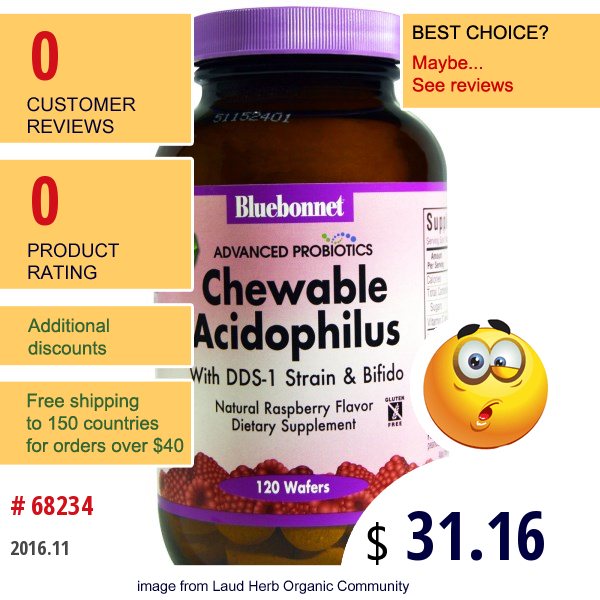 Bluebonnet Nutrition, Advanced Probiotics, Chewable Acidophilus, Natural Raspberry Flavor, 120 Wafers