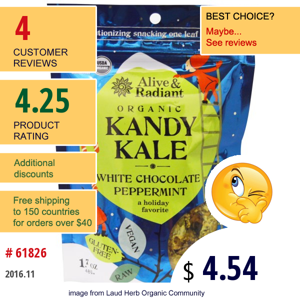 Alive & Radiant, Organic Kandy Kale, White Chocolate Peppermint, 1.7 Oz (48 G)  