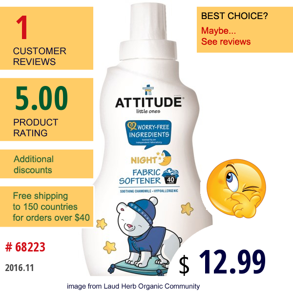 Attitude, Little Ones, Fabric Softener, Night, Soothing Chamomile, 33.8 Fl Oz (1 L)