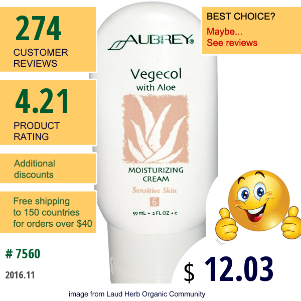 Aubrey Organics, Vegecol, With Aloe, Moisturizing Cream, 2 Fl Oz (59 Ml)  