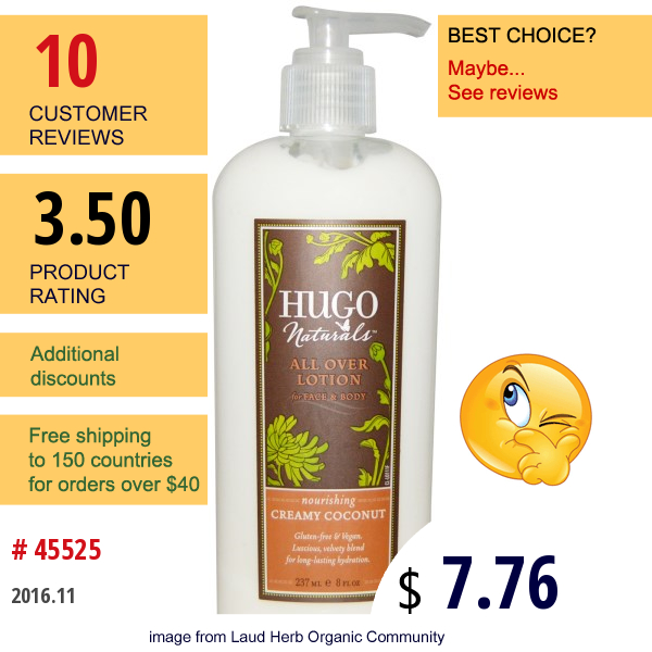 Hugo Naturals, All Over Lotion, Creamy Coconut, 8 Fl Oz (237 Ml)