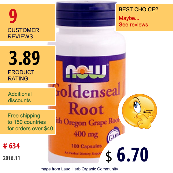 Now Foods, Goldenseal Root, 400 Mg, 100 Capsules  