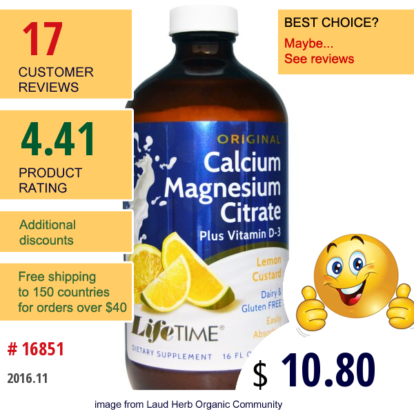 Life Time, Original Calcium Magnesium Citrate, Plus Vitamin D3, Lemon Custard, 16 Fl Oz (473 Ml)