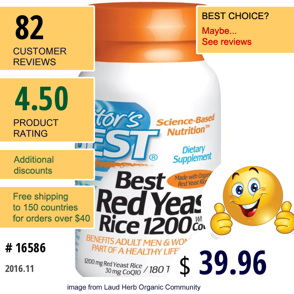 Doctors Best, Best Red Yeast Rice 1200, With Coq10, 1200 Mg, 180 Tablets  