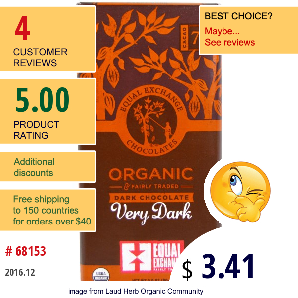 Equal Exchange, Organic Dark Chocolate, Very Dark, 2.8 Oz (80 G)