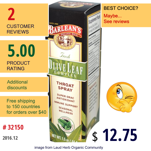 Barleans, Fresh Olive Leaf Complex, Throat Spray, Soothing Peppermint Flavor, 1.5 Oz (44.4 Ml)