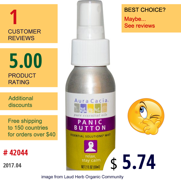 Aura Cacia, Panic Button, Essential Solutions Mist, 2 Fl Oz (59 Ml)  