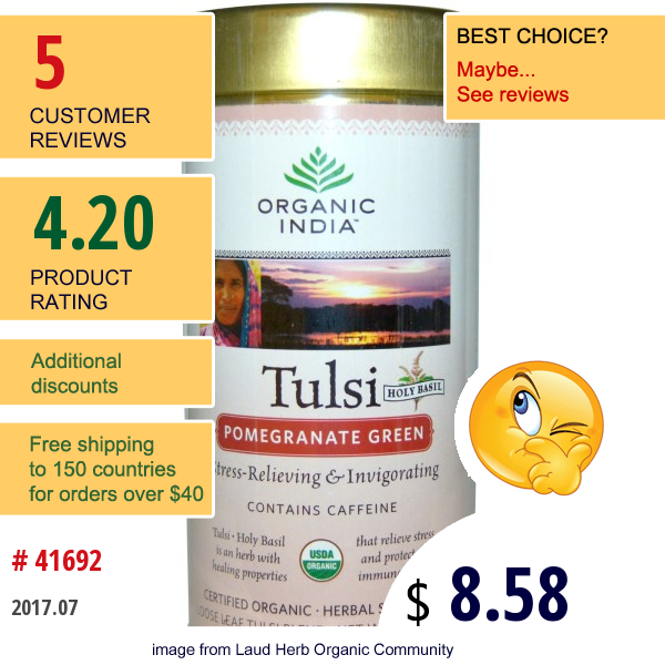 Organic India, Loose Leaf Tulsi Blend Tea, Pomegranate Green, 3.5 Oz (100 G)  