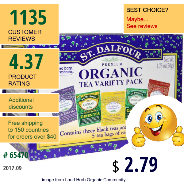St. Dalfour, Organic Tea Variety Pack, 25 Tea Bags, 1.75 Oz (50 G)