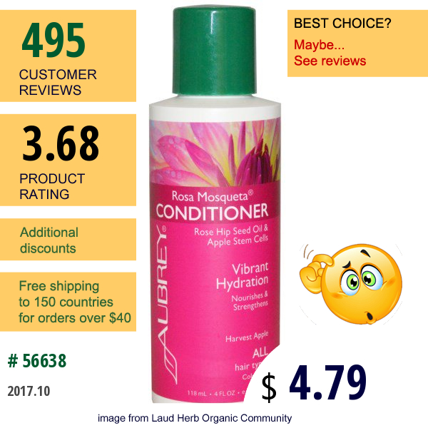 Aubrey Organics, Rosa Mosqueta Conditioner, Vibrant Hydration, Harvest Apple, All Hair Types, 4 Fl Oz (118 Ml)  