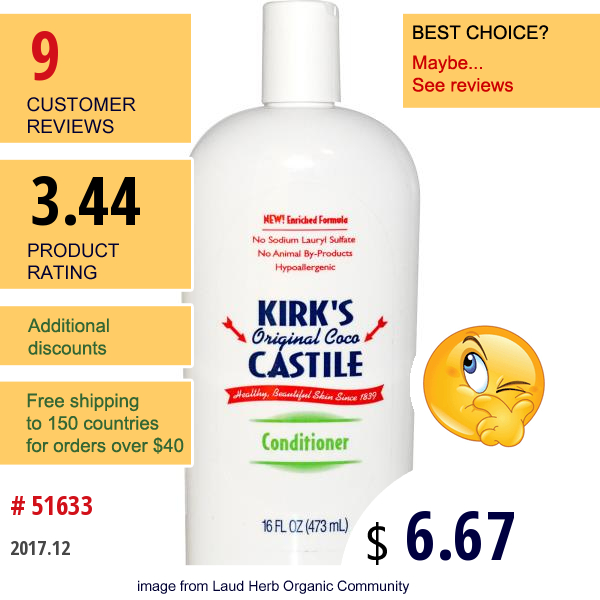 Kirks, Original Coco Castile Conditioner, 16 Fl Oz (473 Ml)  