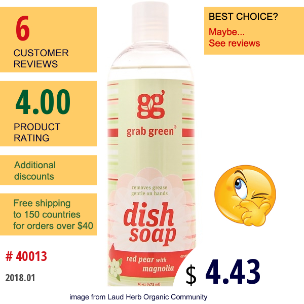 Grabgreen, Dish Soap, Red Pear With Magnolia, 16 Oz (473 Ml)