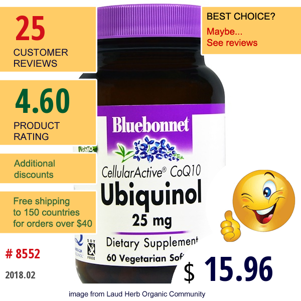 Bluebonnet Nutrition, Ubiquinol, Cellular Active Coq10, 25 Mg, 60 Veggie Softgels  
