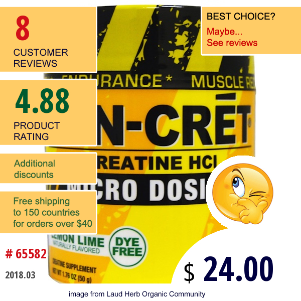 Con-Cret, Creatine Hcl, Micro Dosing, Lemon Lime, 1.76 Oz (50 G)