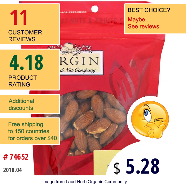 Bergin Fruit And Nut Company, Almonds Roasted, Unsalted, 7 Oz (198 G)